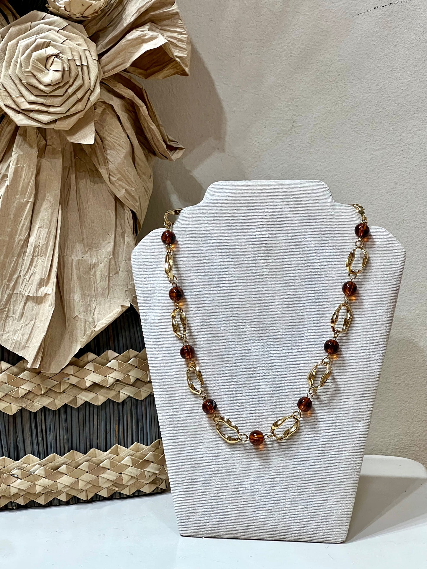 Collar acero y bola ámbar