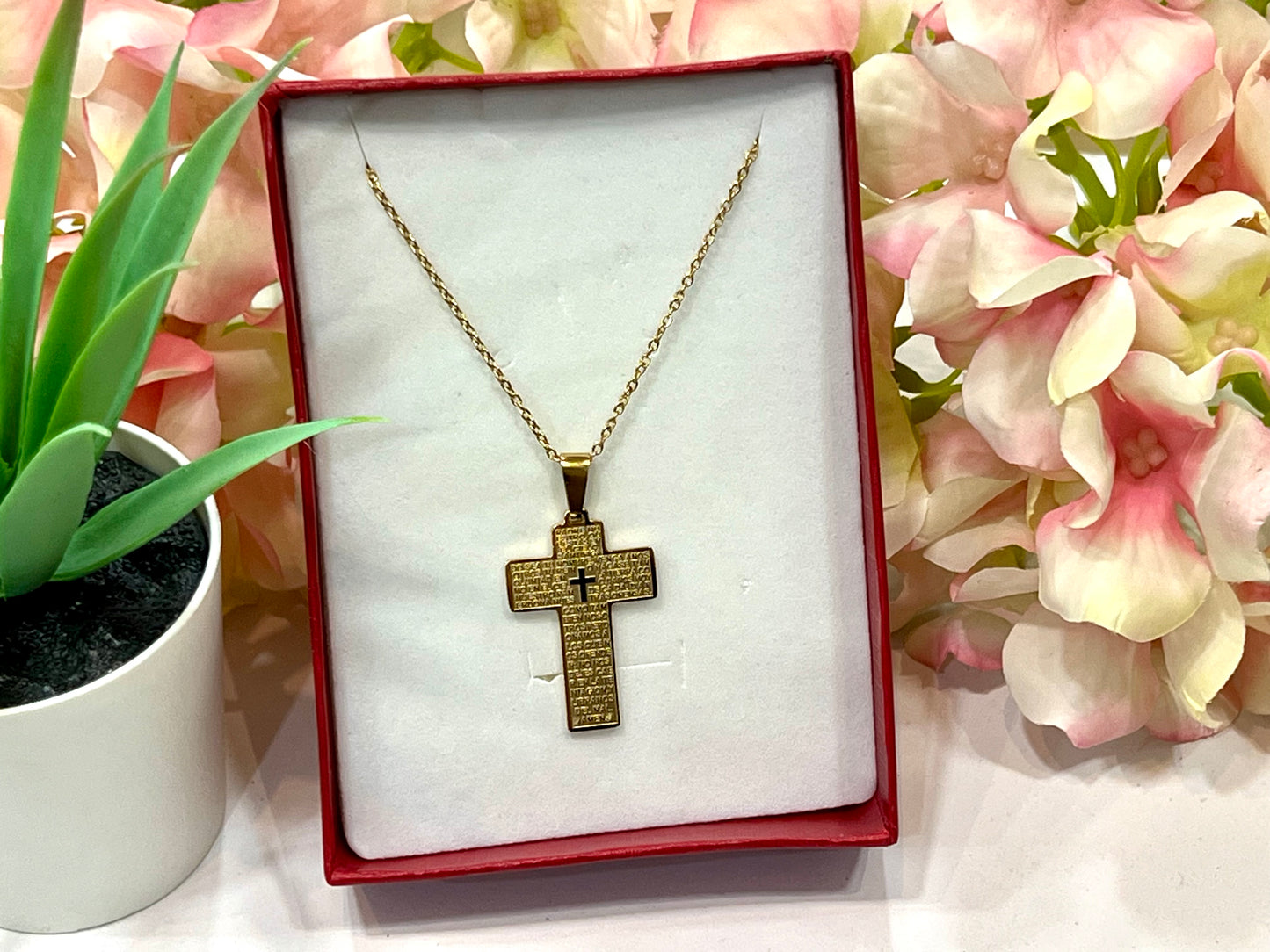 Collar acero y cruz Padre Nuestro