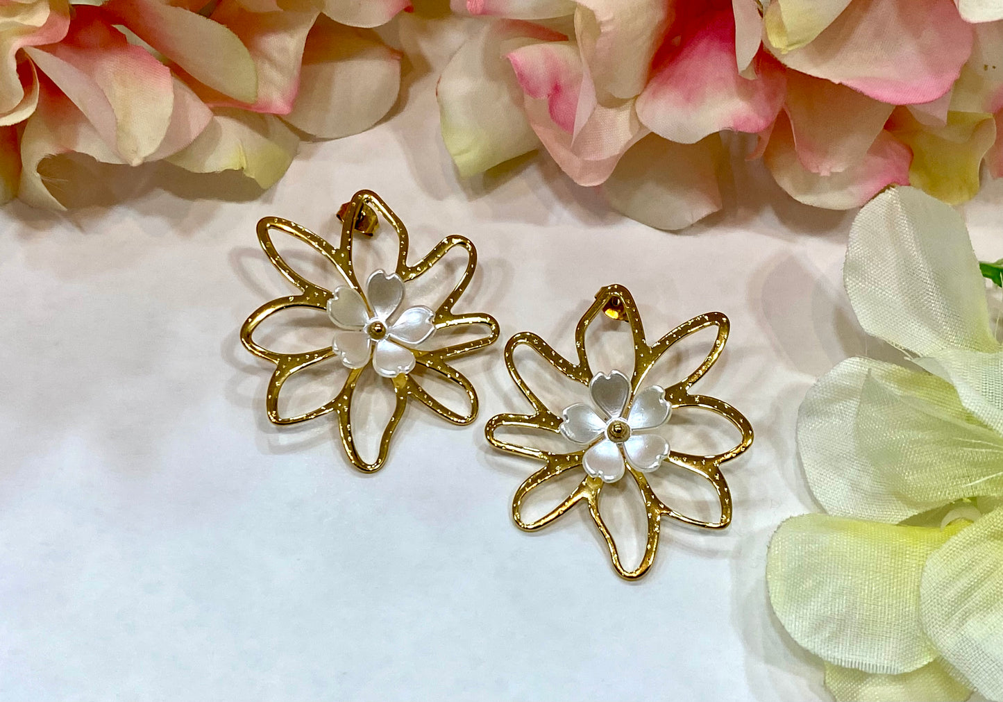 Pendientes acero Maxi flor y nácar