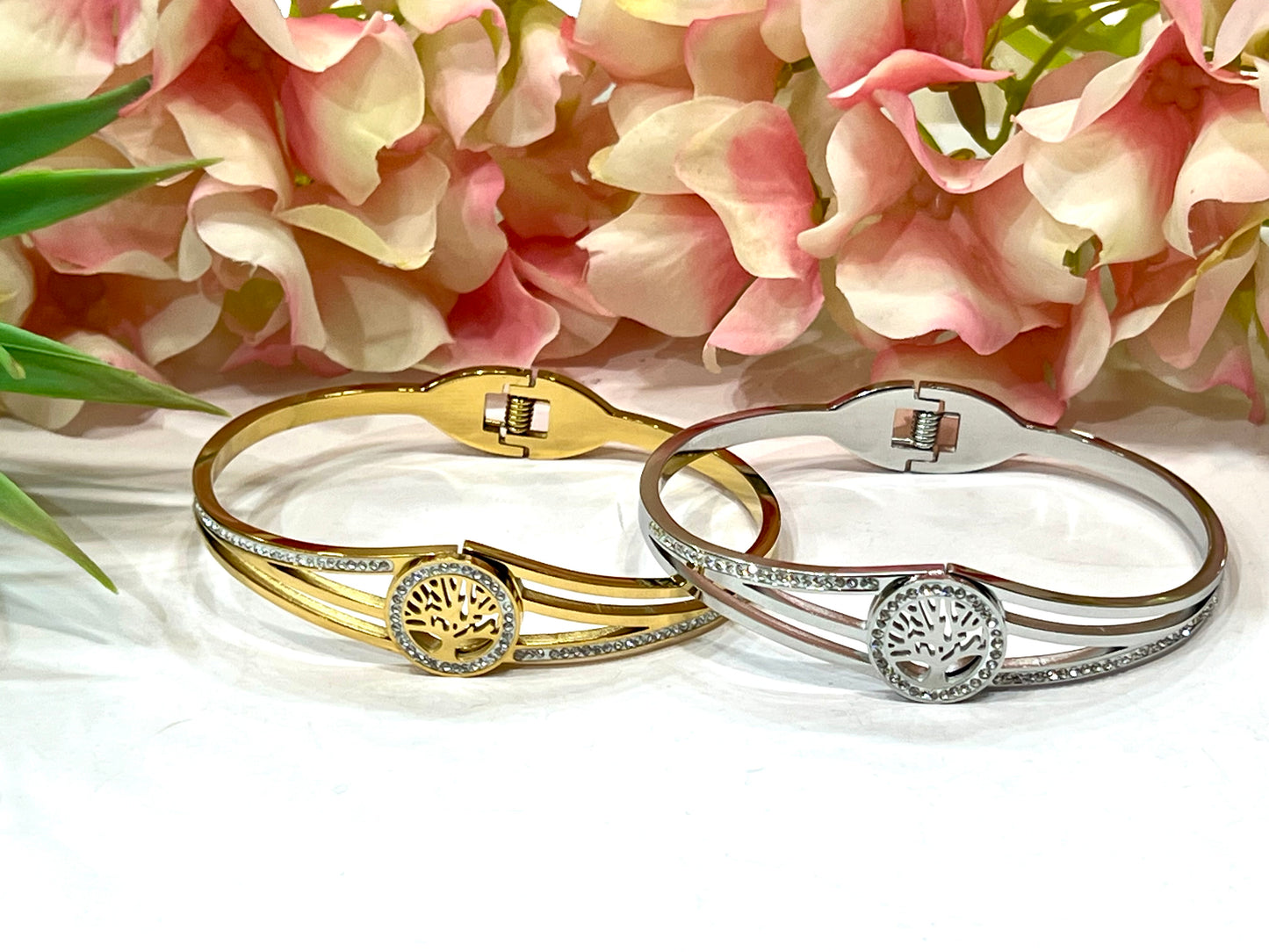 Brazalete acero trébol y brillo